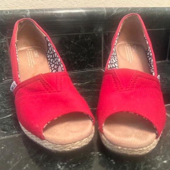 Toms Women's Wedges Red Calypso Canvas Espadrille Slip On Peep Toe-SIZE 9.5 - Picture 10 of 13